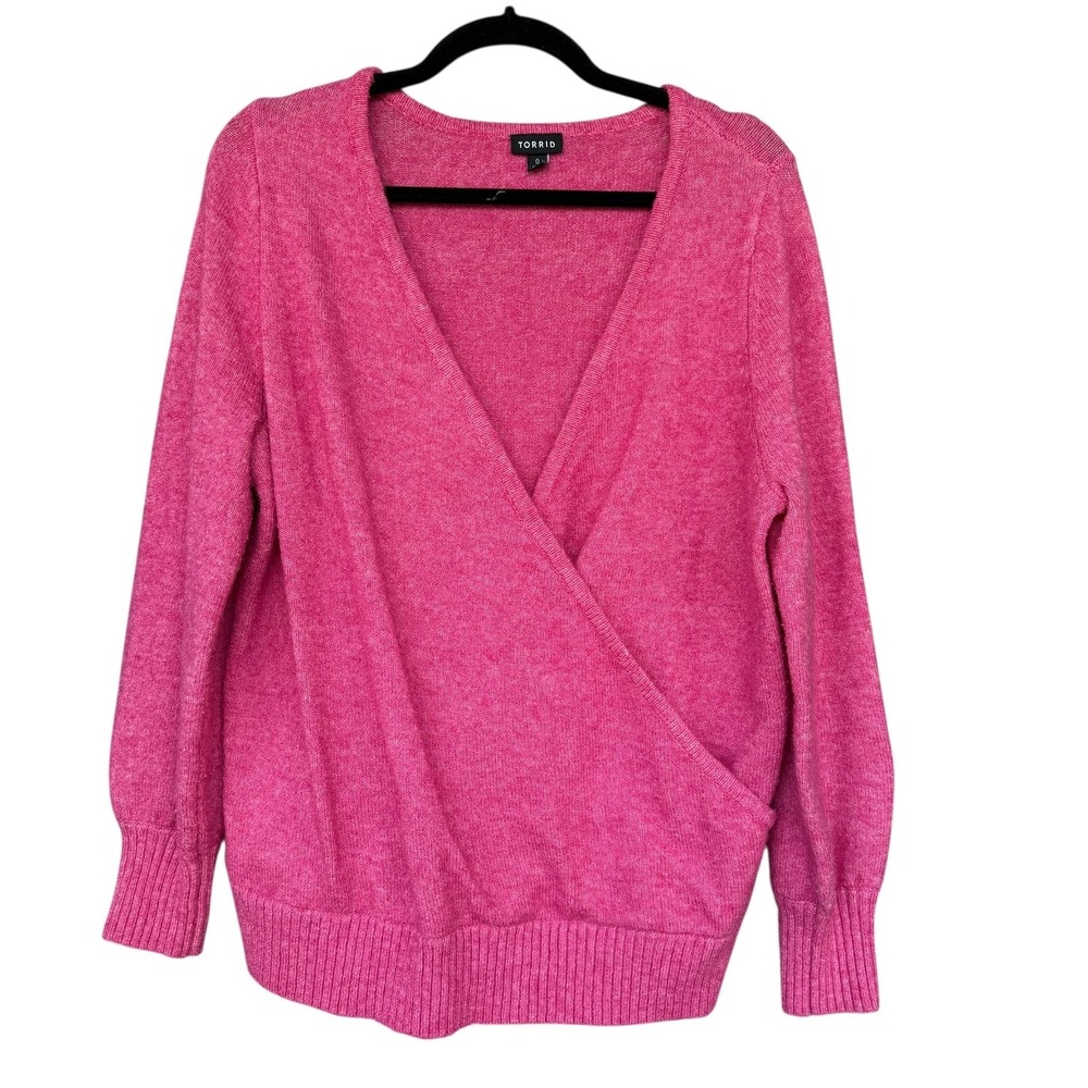 Torrid Sweater Womens 0/Large Pink Surplice Wrap VNeck Long Sleeve Pullover Knit